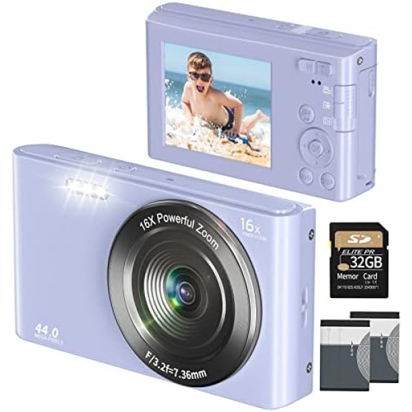Digital Camera 4K 44MP Compact Point and Shoot Camera with 16X Digital Zoom 32GB SD Card,Kids Camera 2.4 Inch, Vlogging Camera for Teens Students Boys Girls Seniors(Purple2)