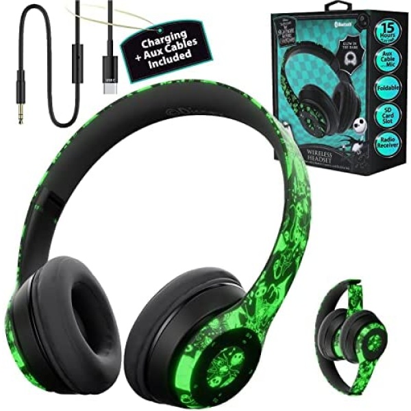 Disney Nightmare Before Christmas Glow in The Dark Bluetooth Headphones Over Ear, Wireless and Wired Foldable Headset Built-in Microphone - Tim Burton Jack Skellington & Sally - Adults Kids