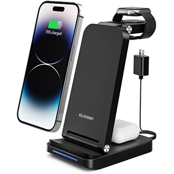 ELEGRP 3 in 1 Foldable Travel Wireless Charger, 15W Wireless Charging Station with QC3.0 Adapter, for iPhone 14/13/ 12/ Samsung/Google Phone, iWatch 8/7/ 6/ SE/ 5, Airpods/Samsung Headset (Black)