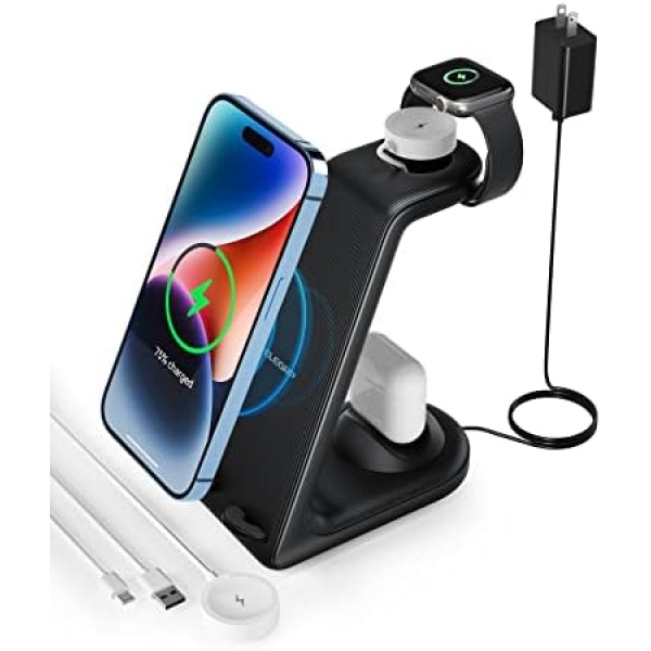 ELEGRP Wireless Charging Station, 3 in 1 Wireless Charger, Charging Dock for iPhone 14/13/12/11/Pro/Max and SE/8 Samsung Phone, iWatch and Airpods (with 18w Adapter) Black