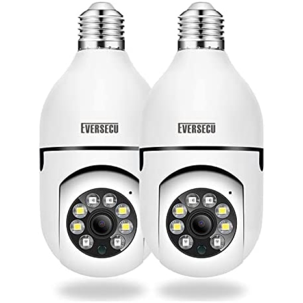 Eversecu 1080P 2.0MP Wireless Light Bulb PTZ Security Camera with E27 Connector, Motion Auto Tracking, Two Way Audio, Night Vision, Tuya Smart Life App WiFi IP PTZ CCTV Camera (2 Pack)