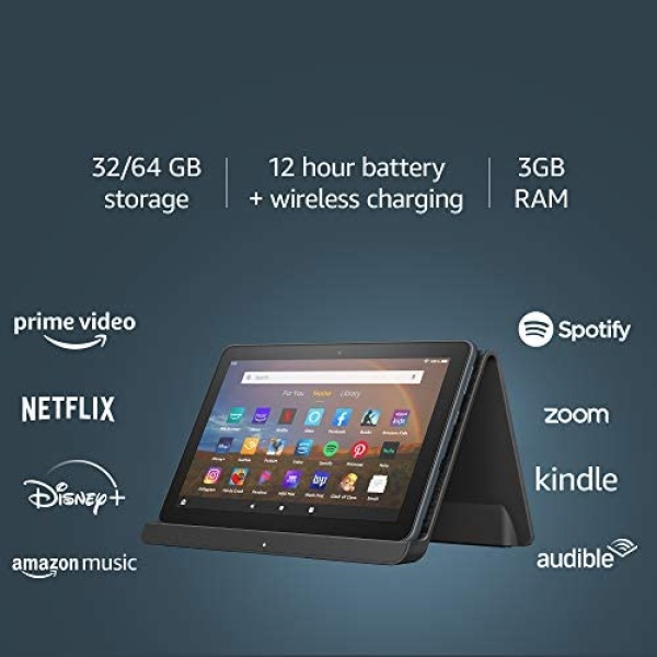 Fire HD 8 Plus tablet, HD display, 64 GB, our best 8" tablet for portable entertainment, Slate, without lockscreen ads + Made for Amazon, Wireless Charging Dock