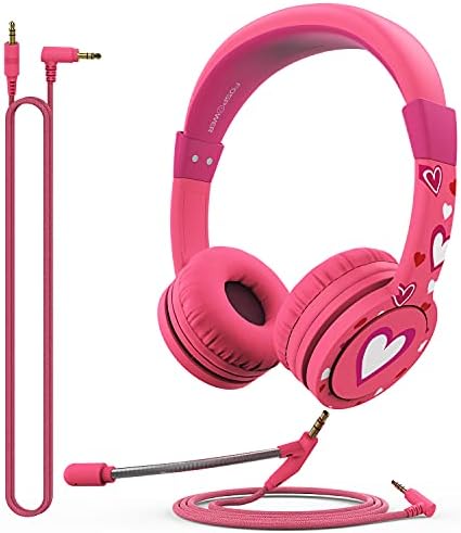 FosPower Kids Headphones with Microphone & 3.5mm Detachable Cables (Max 85dB) Adjustable On Ear Audio Headphones with Laced Tangle Free Cable for Home School, Online School, Travel - Pink