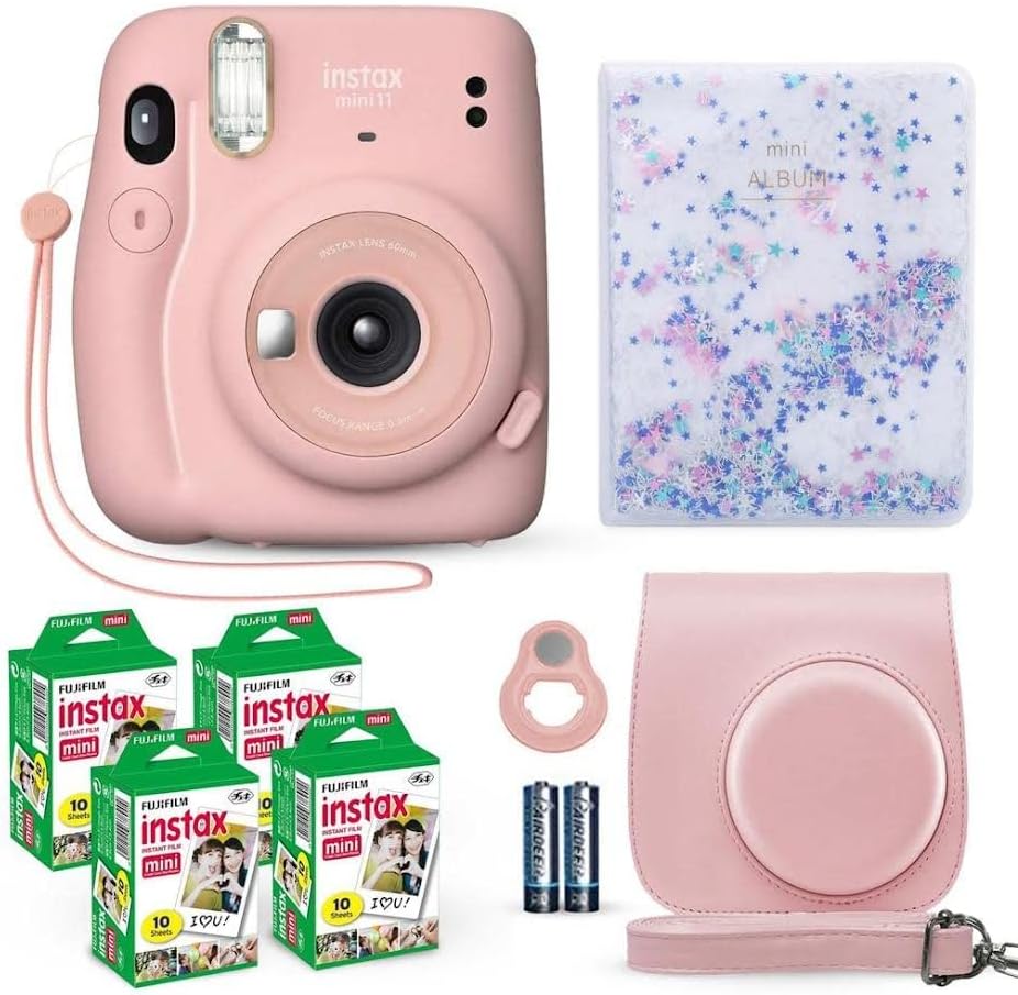 Fujifilm Instax Mini 11 Instant Camera Blush Pink + Fuji Film Value Pack (40 Sheets) + Shutter Accessories Bundle, Incl. Compatible Carrying Case, Selfie Lens, Quicksand Beads Photo Album 64 Pockets