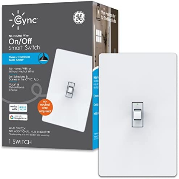 GE Lighting CYNC Smart Light Switch On/Off Toggle Style, No Neutral Wire Required, Bluetooth and 2.4 GHz Wi-Fi Switch, Works with Alexa and Google Home (1 Pack) Packaging May Vary