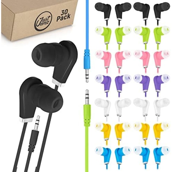 JustJamz Earbuds Bulk Bits, 30 Pack | Multicolored Earbuds Pack, in-Ear 3.5mm Stereo in-Ear Earphones, Ear Buds Bulk, Disposable Headphones, Multi-Color Earphones | School, Kids, Classroom, Library