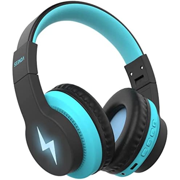 Kids Bluetooth Headphones, Colorful Wireless Over Ear Headset with 85dB/94dB Volume Limited, 45H Playtime, 3 Lightning Modes, Built-in Mic Headphones for Boys Girls iPad Tablet School Airplane Blue