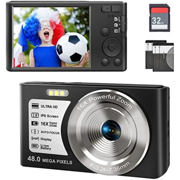 Kids Digital Camera, FHD 1080P Compact Camera 48MP Autofocus 16X Digital Zoom Portable Camera for Boys, Girls,Children,Teenagers,Beginners (with 32GB SD Card and 2 Battery)