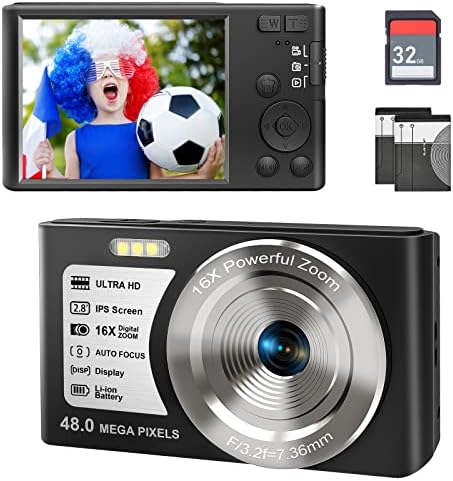 Kids Digital Camera, FHD 1080P Compact Camera 48MP Autofocus 16X Digital Zoom Portable Camera for Boys, Girls,Children,Teenagers,Beginners (with 32GB SD Card and 2 Battery)