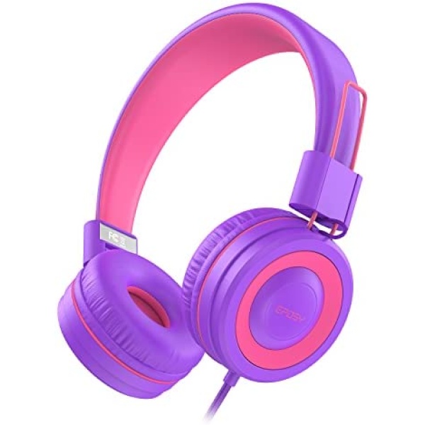 Kids Headphones, Eposy E10 Wired Headphones for Kids Foldable Stereo Bass Headphones with Adjustable Headband, Tangle-Free 3.5 mm Jack for School, On-Ear Headset for Boys Girls Cellphones(Pink/Purple)