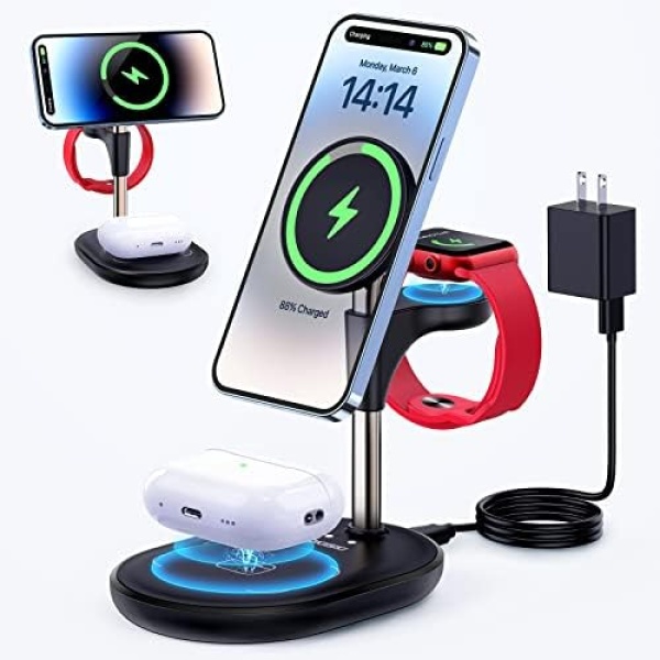 LOKIISKI 3 in 1 Wireless Charging Station for Multiple Devices Apple, 18W Fast Magnetic MagSafe Charger Stand, Men Gifts for iPhone 14 13 12 Pro Max/Plus/Pro/Mini, iWatch Ultra/8/7/6/5/4/3/2, AirPods