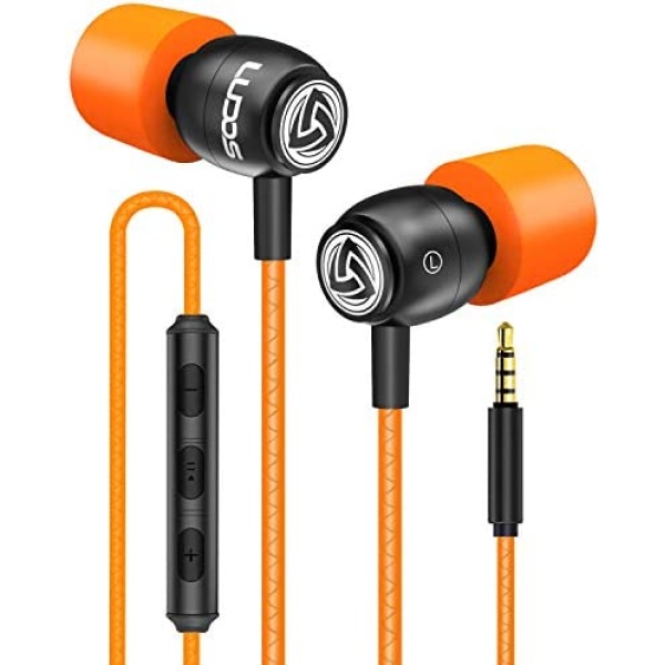 LUDOS Clamor Orange Earbuds in Ear, Orange Headphones with Microphone, Orange Earphones with Mic and Volume Control, Memory Foam, Wired Ear Buds, 3.5mm Headphones, Plug in Headphiones, Earbuds Orange
