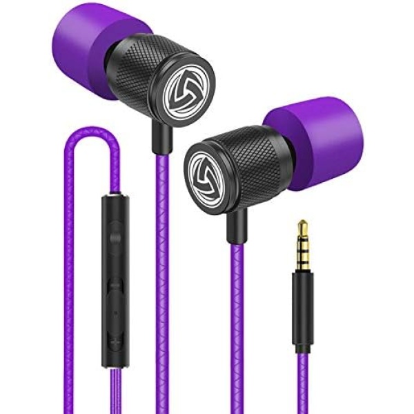 LUDOS Ultra Earbuds Wired in Ear Headphones with Tangle-Free Cord Noise Isolating Earphones Deep Bass Case Ear Buds 3.5 mm Jack Plug - Purple