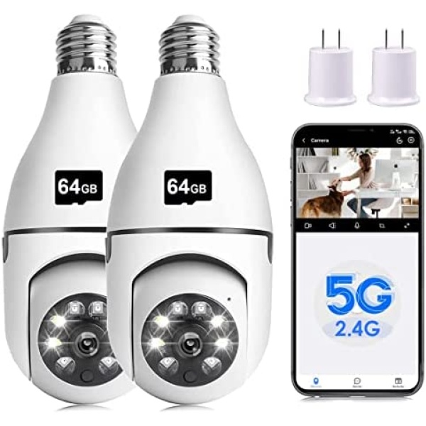 Light Bulb Security Camera, 1080P 2.4G&5G Light Bulb Camera Built-in 355° PTZ&Night Vision&Motion Detection Light Socket Camera Works with Alexa&Google Assistant (2Pack 2.4G&5G with 64G SD Card)