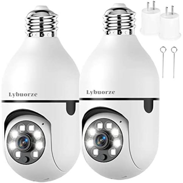 Lybuorze 2K 3MP Light Bulb Security Camera 2 Pack Security Cameras Wireless WiFi Outdoor with Audio Automatic Humanoid Tracking, Full Color Night Vision Phenomenal Cameras for Home Security