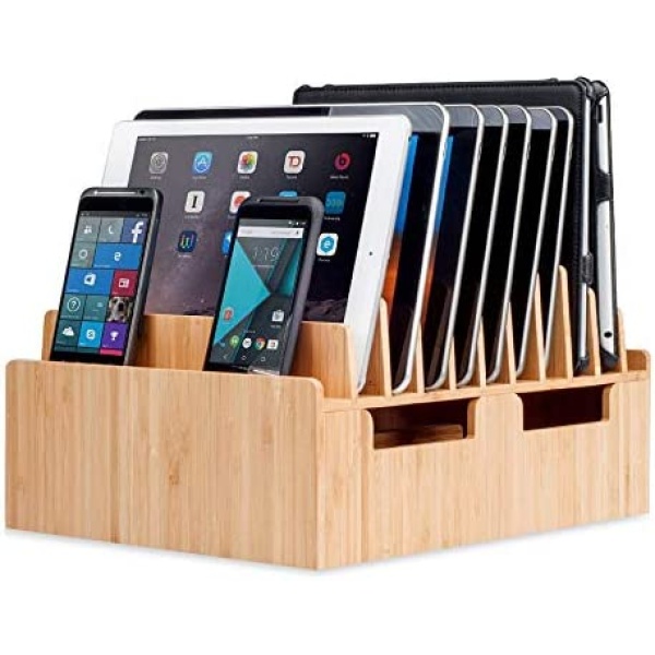 MobileVision Bamboo 10-Port Charging Station & Docking Organizer for Smartphones & Tablets, Family-Sized, for use in Corporate Offices & Classrooms