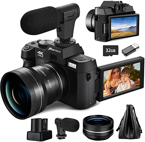 Monitech 4K Digital Camera for Photography and Video, 48MP Vlogging Camera for YouTube with 180° Flip Screen,16X Digital Zoom,52mm Wide Angle & Macro Lens, 2 Batteries, 32GB TF Card