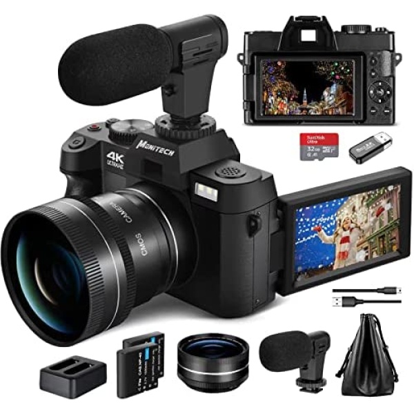 Monitech Digital Camera for Photography and Video, 4K 48MP Vlogging Camera for YouTube with 180° Flip Screen,16X Digital Zoom,52mm Wide Angle & Macro Lens, 32GB TF Card, 2 Batteries