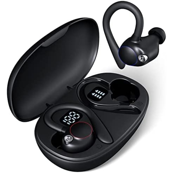 NANSON Headphones Wireless Earbuds 60hrs Playback IPX7 Waterproof Earphones Over-Ear Stereo Bass Headset with Earhooks Microphone LED Battery Display for Sports/Workout/Gym/Running Black