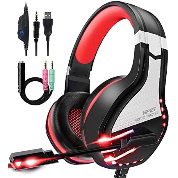 NPET HS10 Stereo Gaming Headset for PS4 PC Xbox One PS5 Controller, Noise Cancelling Over Ear Headphones with Mic,LED Light, Bass Surround, Soft Memory Earmuffs for Laptop Mac Nintendo NES Games Red