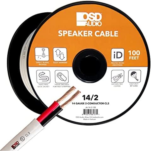 OSD 14/2 Speaker Wire 14 AWG/Gauge 2 Conductor 100FT UL List in Wall Direct Burial Graded CL2/CL3 Oxygen Free Copper OFC - White