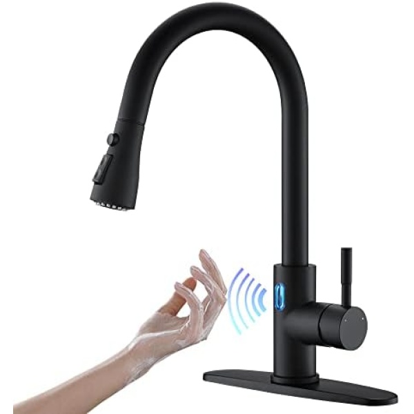 OWOFAN Touchless Kitchen Faucet with Pull Down Sprayer LED Light Single Handle Kitchen Sink Faucet Motion Sensor Smart Hands-Free, Stainless Steel Black 1072R
