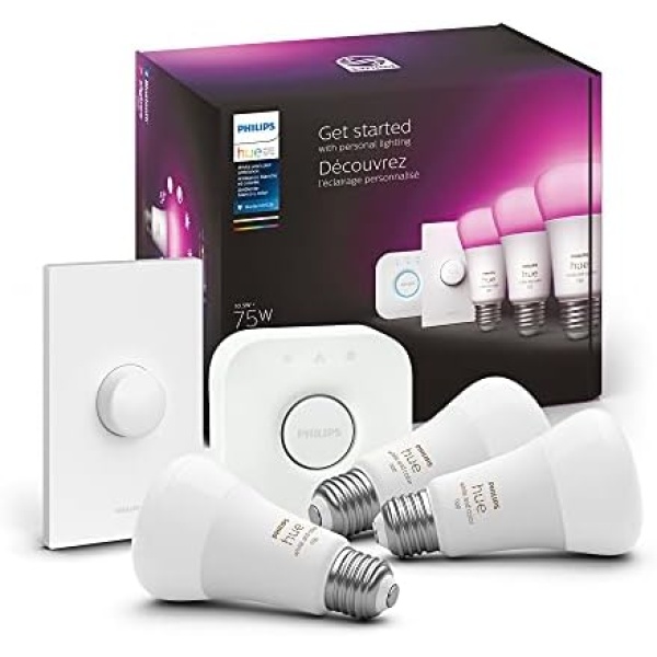 Philips Hue White and Color Ambiance Medium Lumen (75W) Smart Button Starter Kit, Hub Included, 16 Millions Colors, Works with Amazon Alexa, Google Assistant, Apple HomeKit (New Version)