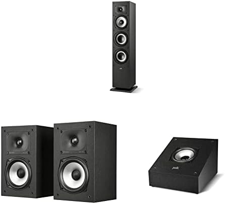 Polk Monitor XT60 Tower Speaker (Single, Midnight Black) & XT15 Pair of Bookshelf or Surround Speakers, Midnight Black & XT90 Hi-Res Height Speaker Pair, Midnight Black