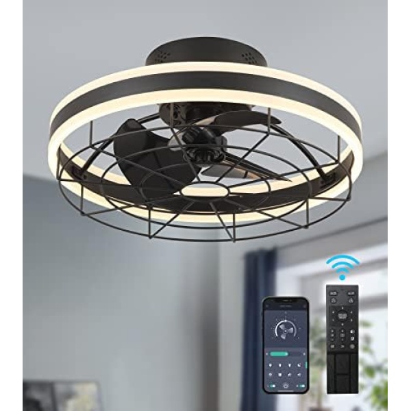 Q&S Black Low Profile Ceiling Fan with Lights and Remote,Modern Farmhouse Flush Mount Enclosed Ceiling Fans for Bedroom Home Office,Mute Smart 6 Speeds Reversible Motor Dimmable LED 3 Color D19.7