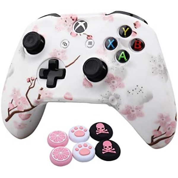 RALAN Cherry Blossoms Skin for Xbox One Controller, Sakura Silicone Controller Cover Skin Protector Compatible for Xbox Ones Controller (Pink Pro Thumb Grip x 2 ,Pink Cat Grips x 2 ,Skull Cap x 2).