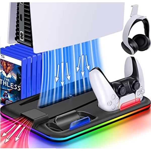 RGB Cooling Stand with Cooling Fan and Dual Controller Charger Station for Playstation 5, Upgraded Accessories Cooling Station for PS5 Console Disc&Digital Edition, Headset Holder/6 Game Slots/Screw
