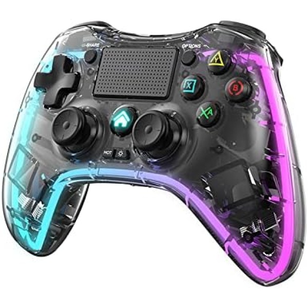 ROTOMOON Clear Wireless Controller with 8 Color Adjustable LED Lighting Compatible with Playstation 4/PS4 Pro/PS4 Slim/PS4 Controller, with Headphone Jack for PS4 Dualshocked 4 Game