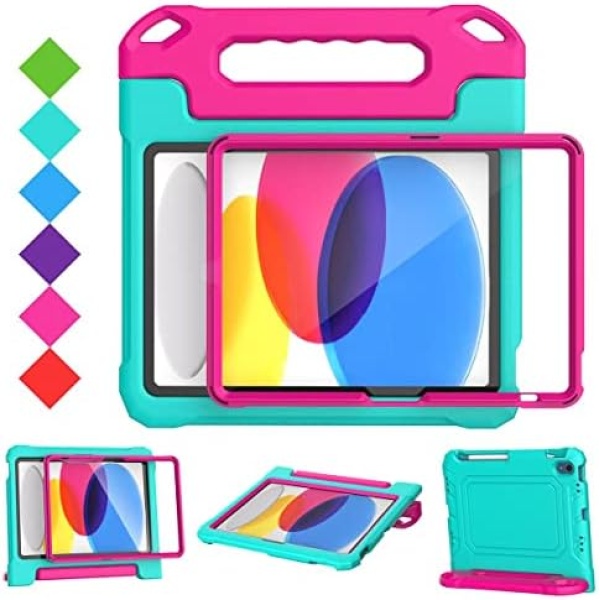 SUPLIK iPad 10th Generation Case for Kids, iPad 10.9 inch 2022 Case with Screen Protector, New iPad 10.9 Durable Shockproof Handle Stand Kids Cover with Pencil Holder for iPad 10th Gen, Cyan&Pink