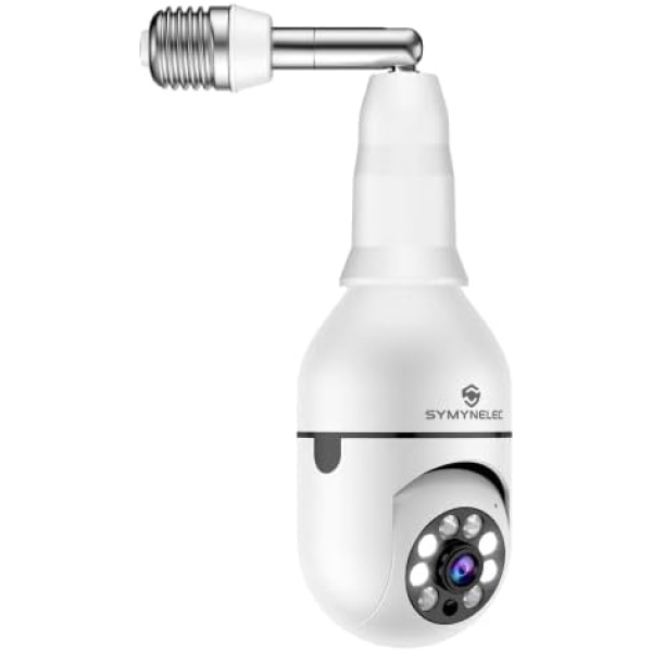 SYMYNELEC Light Bulb Security Camera 2K with Light Bulb Socket Extender Adapter, 2.4GHz Wireless WiFi Light Socket Security Cameras, 360° Pan/Tilt Smart Lightbulb Cam Human Motion Detection Alarm