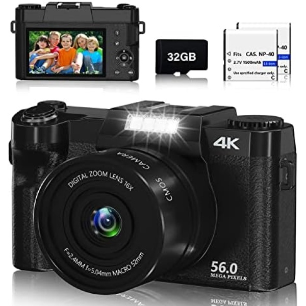 Saneen Digital Camera for Photography, 4K Vlogging Camera for YouTube, 56MP 16X Digital Zoom 3” Point and Shoot Camera for Kids, Teens, Beginners, with 32GB SD Card & 2 Rechargeable Batteries -Black