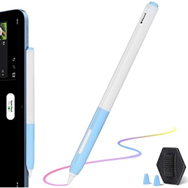 Senose 2nd Generation Pencil Cover Matching with Apple Pencil, Silicone Pencil Case Sleeve Grip Compatible for Magnetic Charging and Double Tap, Included 2 Nib Covers and 1 Pencil Holder(Blue)