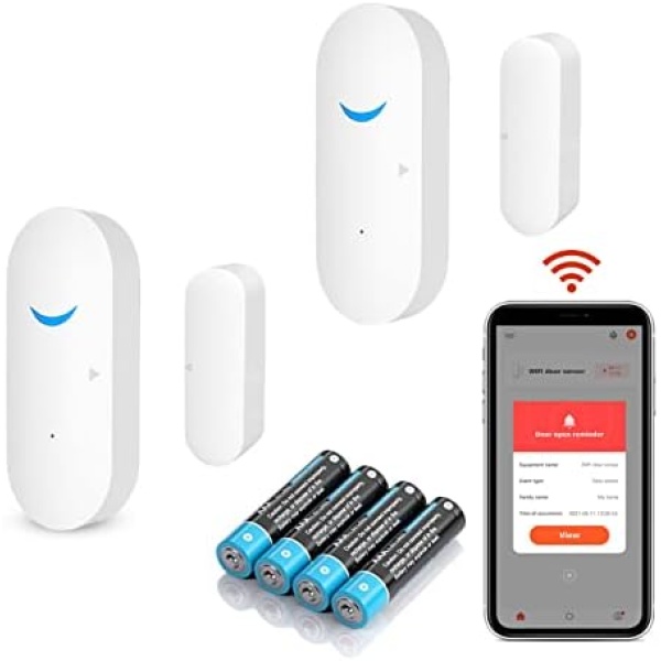 Smart Door Sensor Alarm Wireless, WiFi Door Window Detector with 4 Batteries, Smart Linkage Window Door Contact Sensor for Home Security Compatible with Alexa/Google Assistant, No Hub Required, 2 Pack