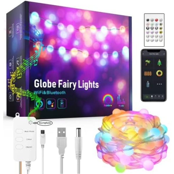 Smart Globe Fairy Lights, 32.8ft Waterproof LED String Lights for Indoor and Outdoor Decor, Voice and App Controlled with Music Sync for Christmas and Party, Compatible with Alexa and Google Home.