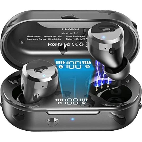 TOZO T12 2022 Wireless Earbuds Bluetooth 5.3 Headphones Premium Sound Performance Touch Control LED Digital Display Wireless Charging Case Earphones Dark Black (Renewed)