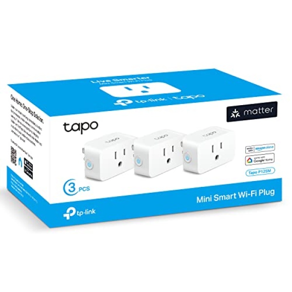 TP-Link Tapo Matter Supported Smart Plug Mini, Compact Design, 15A/1800W Max, Super Easy Setup, Works with Apple Home, Alexa & Google Home, UL Certified, 2.4G Wi-Fi Only, White, Tapo P125M(3-Pack)