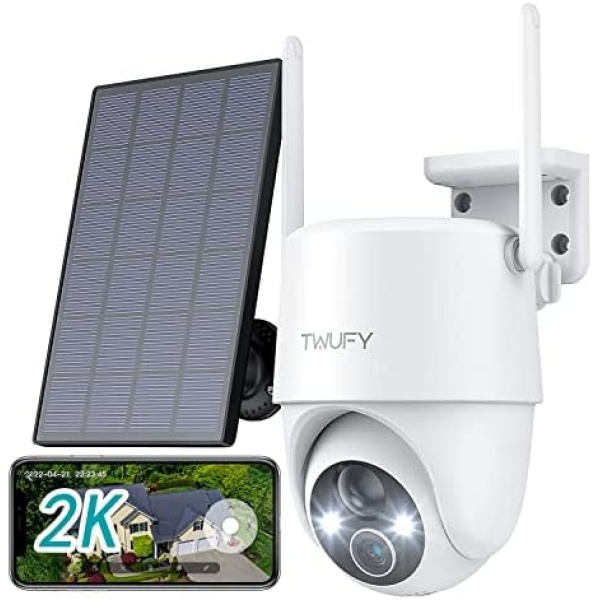 TWUFY 2K Solar Security Cameras Wireless Outdoor, 2.4Ghz WiFi 360° PTZ Outdoor Security Cameras with Spotlight & Siren, 3MP Color Night Vision/PIR Motion Detection/ 2-Way Talk/ IP65, Works with Alexa