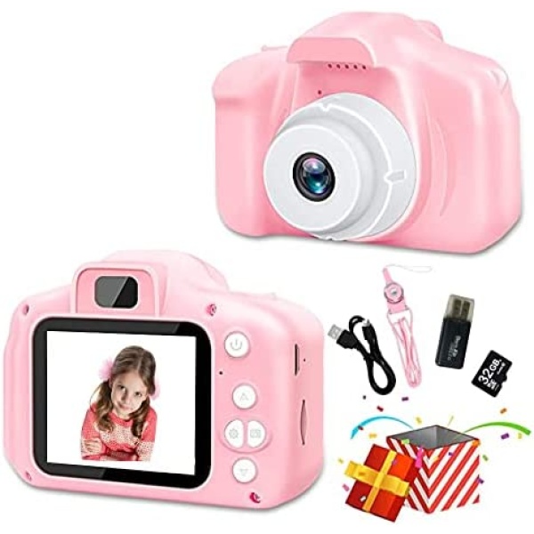 Upgrade Kids Camera for Girls, Christmas Birthday Gifts for Girls Age 3-9, HD Digital Video Cameras for Toddler, Toy for 3 4 5 6 7 8 9 Year Old Girl with 32GB SD Card & Card Reader
