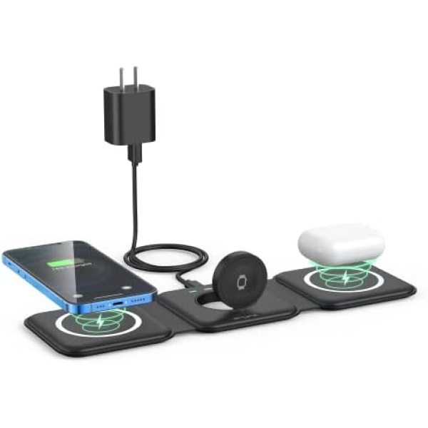 Wireless Charger 3 in 1,RTOPS Magnetic Travel Wireless Charging Station Multiple Devices,GaN 3 in 1 Charging Station,Compatible for iPhone 14/13/12/Pro/Max,iWatch,AirPods 3/2/Pro(Adapter Includes)