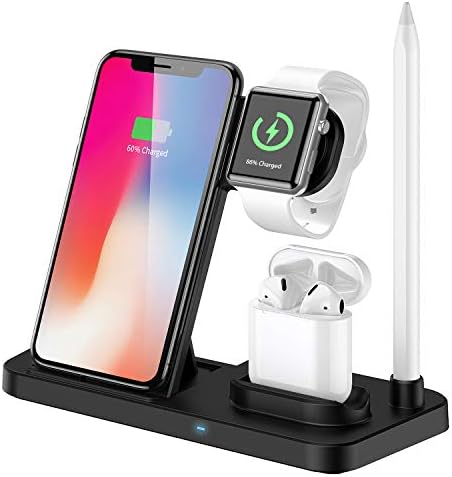 Wireless Charger, 4 in 1 Charging Station,Wireless Charging Stand Dock Charger Pad Compatible with Apple Watch and iPhone Airpod iPhone X/XS/XR/Xs Max/8 Plus iWatch Airpods1 2 Samsung(Black).