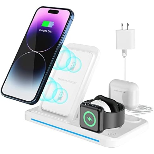 Wireless Charger for iPhone,Charging Station for Apple Multiple Devices,Foldable 3 in 1 Charger for iPhone 14/13/12/11/Pro/Max/XS/Max/XR/XS/X, Apple Watch 8/7/6/SE/5/4/3/2, Airpods Pro/3/2/1-W