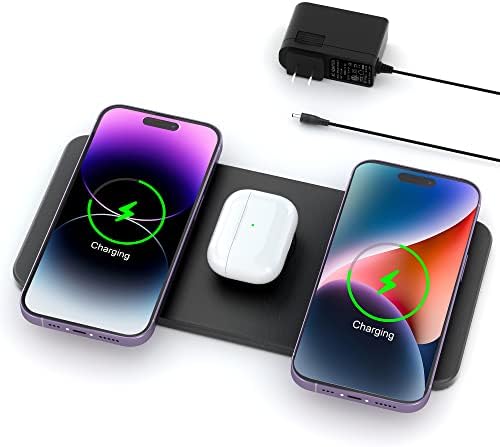 Wireless Charging Pad, Jewaytec 3 in 1 Fast Wireless Charger Station for Multiple Devices Ultra-Slim Leather Mat Compatible for Apple iPhone 14 13 12 Pro Max Mini/SE /11/Xs(Adapter Included)