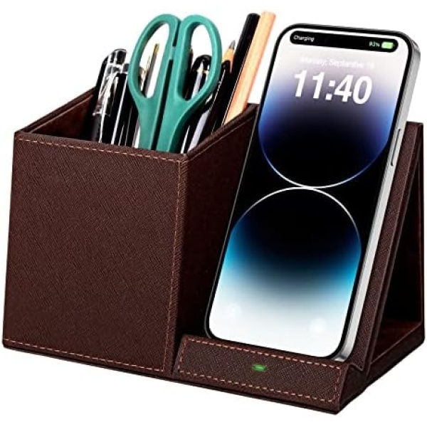 Wireless Charging Stand with Pen Holder, Compatible with iPhone 14/14 Pro Max/14 Pro/14 Plus and iPhone 13/12/11 Series, Nightstand Desktop Organizer for Home Office Brown
