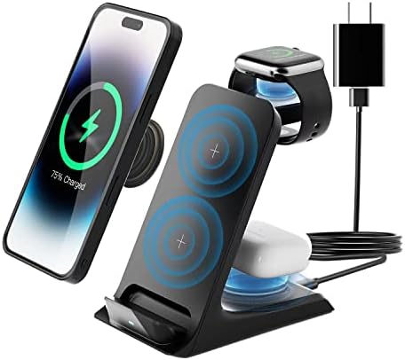 Wireless Charging Station for Apple Products - Thick Case Friendly 3 in 1 Wireless Charger Stand for iPhone 14 13 12 11/Apple Watch/Airpods - Compatible with popsocket/otterbox (Adapter Included)