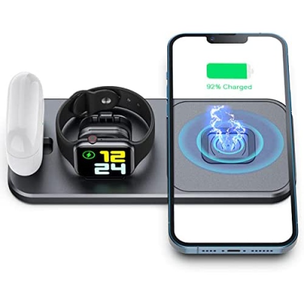 XICPU Portable and Foldable 3 in 1 Wireless Charging Station, Fast Wireless Charger Stand for Apple Watch iPhone AirPods Gray