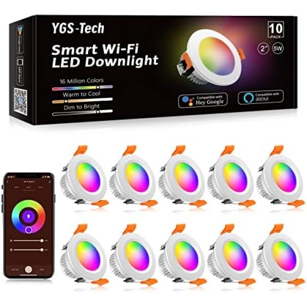 YGS-Tech Smart 2 Inch LED Recessed Lighting RGB WiFi Downlight, 5W Compatible with Alexa and Google Home, Dimmable RGB & CCT 2700-6500K Color Changing, 120V LED Ceiling Light with LED Driver (10 Pack)